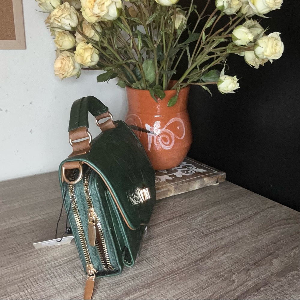 Green Embossed Floral Leather Satchel - Top Handle Crossbody - Picture 2 of 4